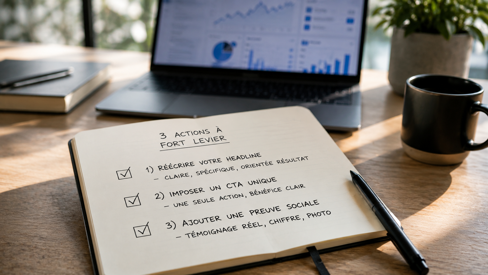 Checklist des 3 actions à fort levier pour améliorer la conversion d'un site web cette semaine.