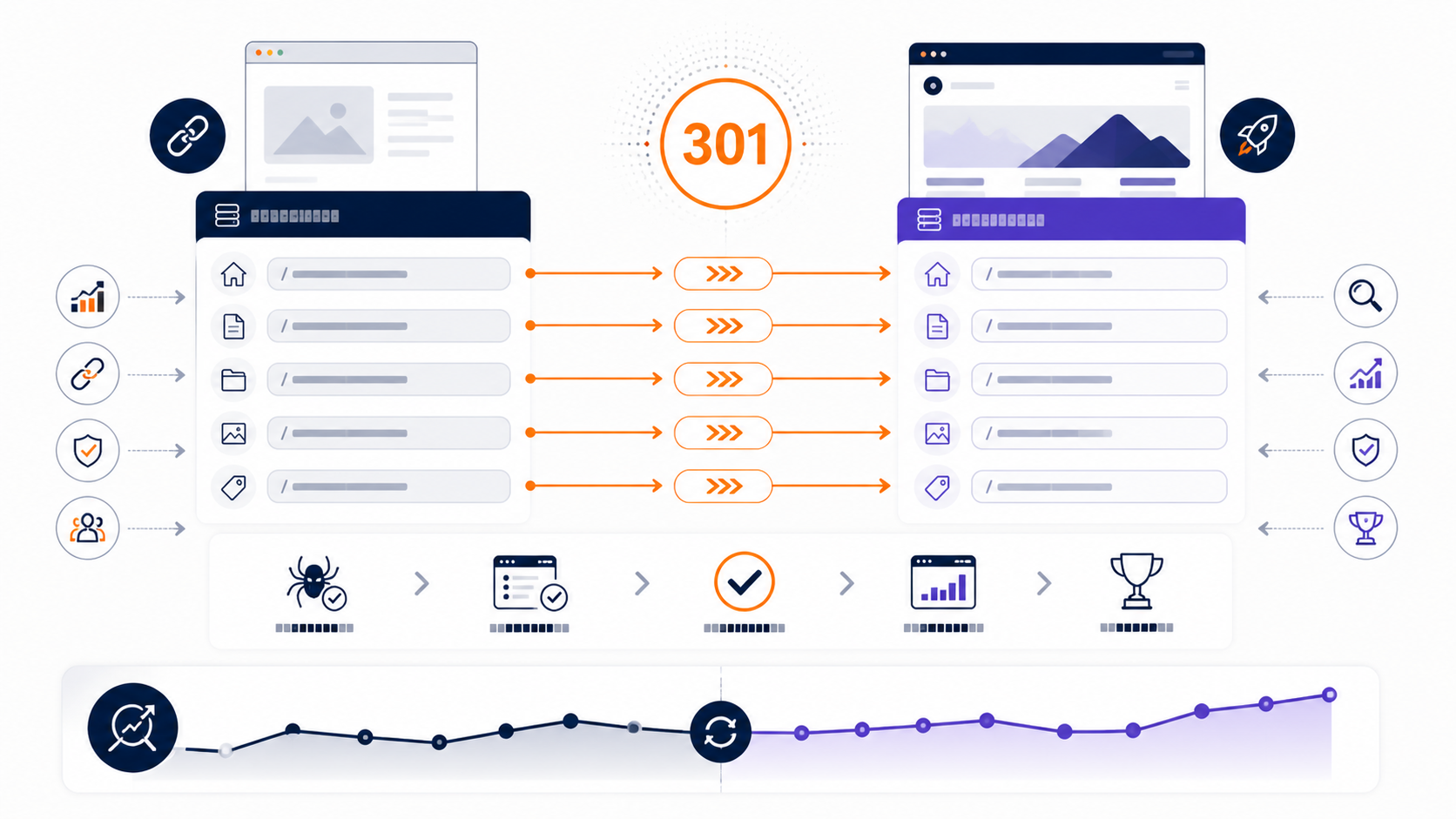 Schéma des redirections 301 pour préserver le trafic SEO lors d’une refonte de site internet