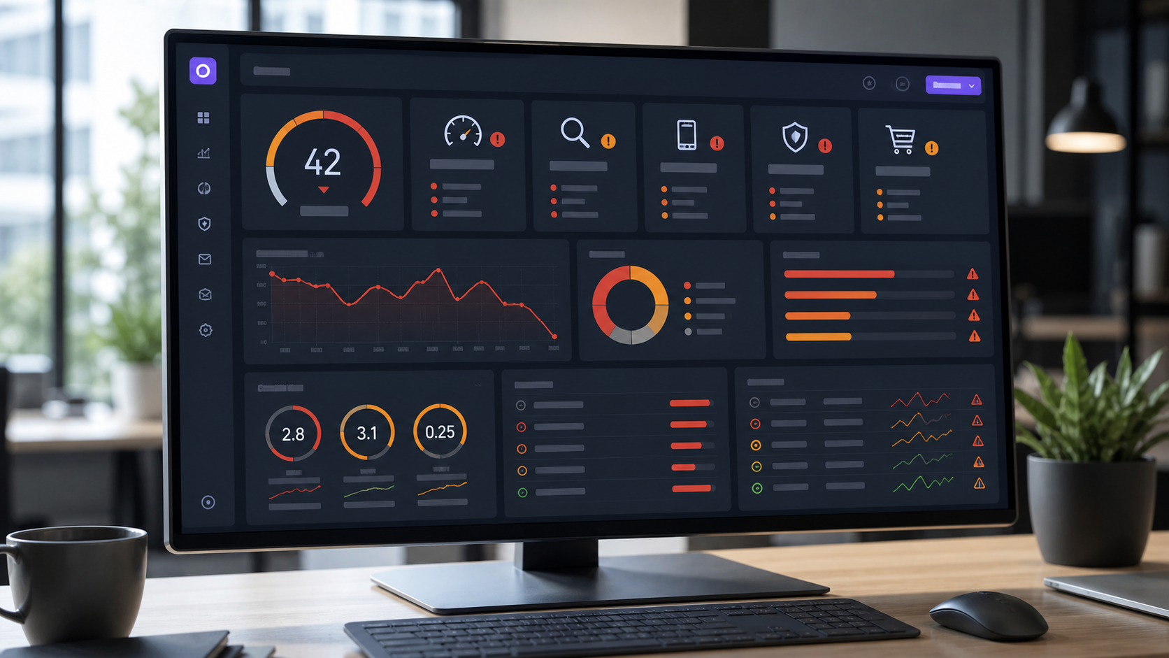Dashboard de diagnostic montrant les signaux techniques, SEO et UX justifiant une refonte de site internet